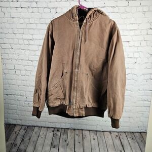 Brazos Work Force Mens Brown Duck Canvas Hooded Work Jacket Size L Thermal Lined